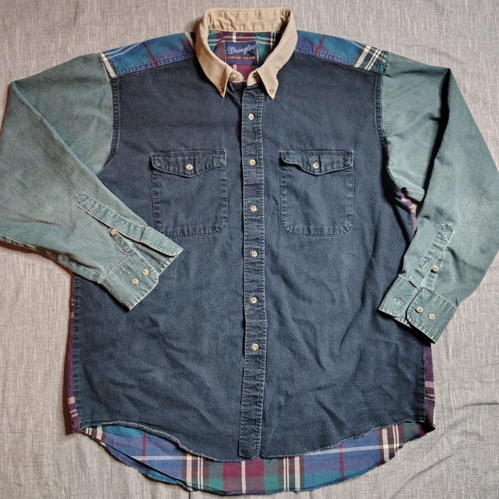 Vintage Wrangler Shirt Mens Long Tail Western Pearl Snap Brushpopper Patchwork - Picture 1 of 13